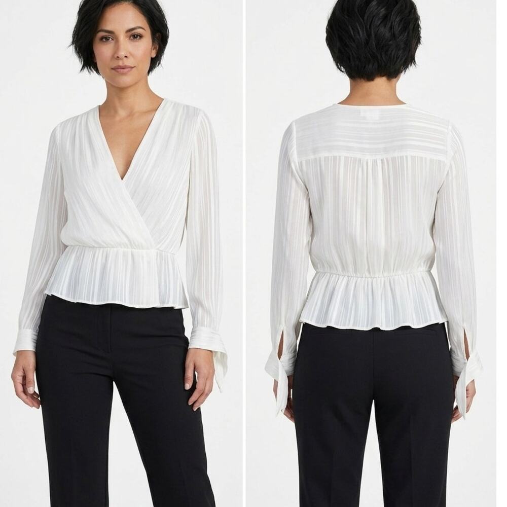 Guess White Sheer Striped Smocked Peplum Wrap Blouse Women Size S